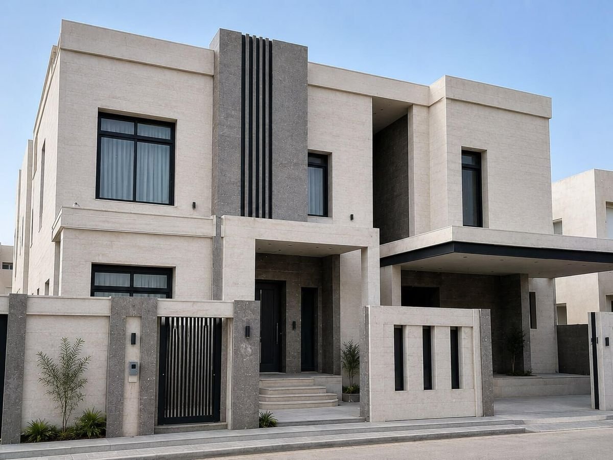 بعد تكسية واجهة فلة حديثة بالحجر